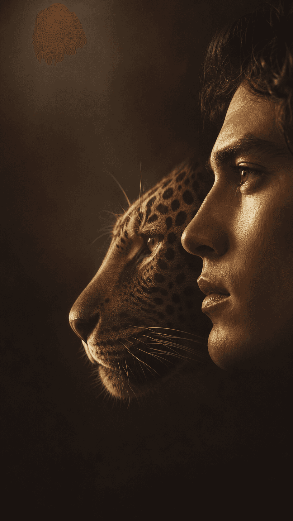 Athlète et jaguar dos à dos dans une lumière dorée